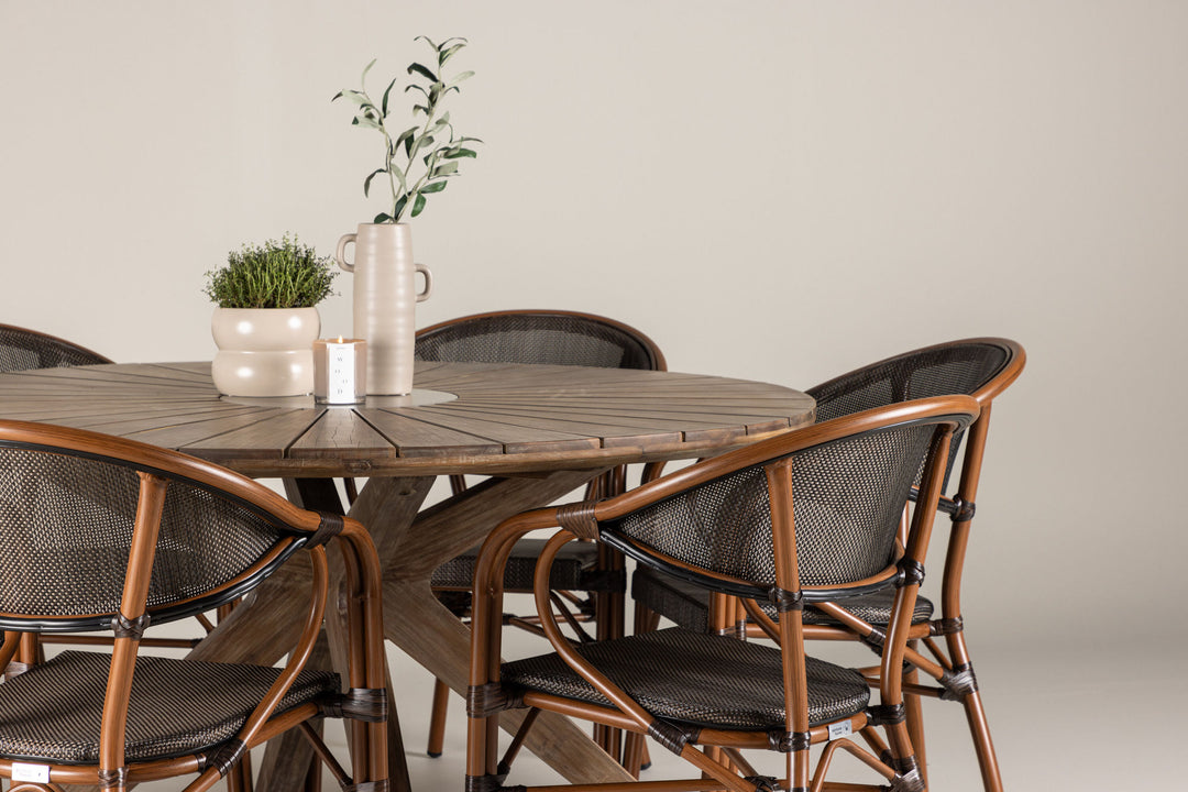 Venture Home Rosario Spisebord - Teak Ø140 + Vila Real Caféstol 6 stk. - Brun/Sort