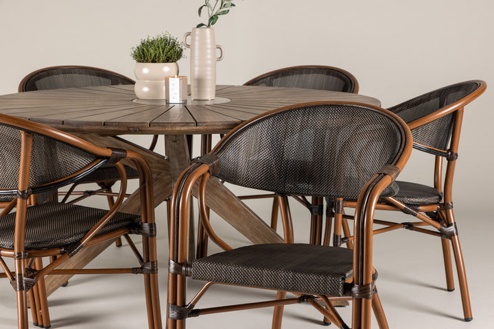 Venture Home Rosario Spisebord - Teak Ø140 + Vila Real Caféstol 6 stk. - Brun/Sort