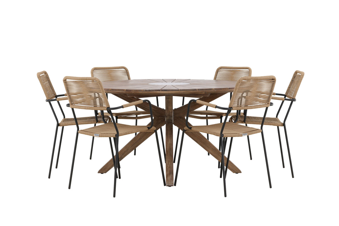 Venture Home Rosario Dining Table- Teak Ø140 +Lindos - Armchair - Black Alu / Latte Rope _6