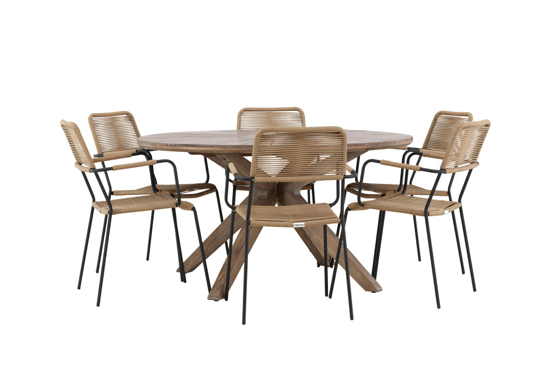 Venture Home Rosario Dining Table- Teak Ø140 +Lindos - Armchair - Black Alu / Latte Rope _6