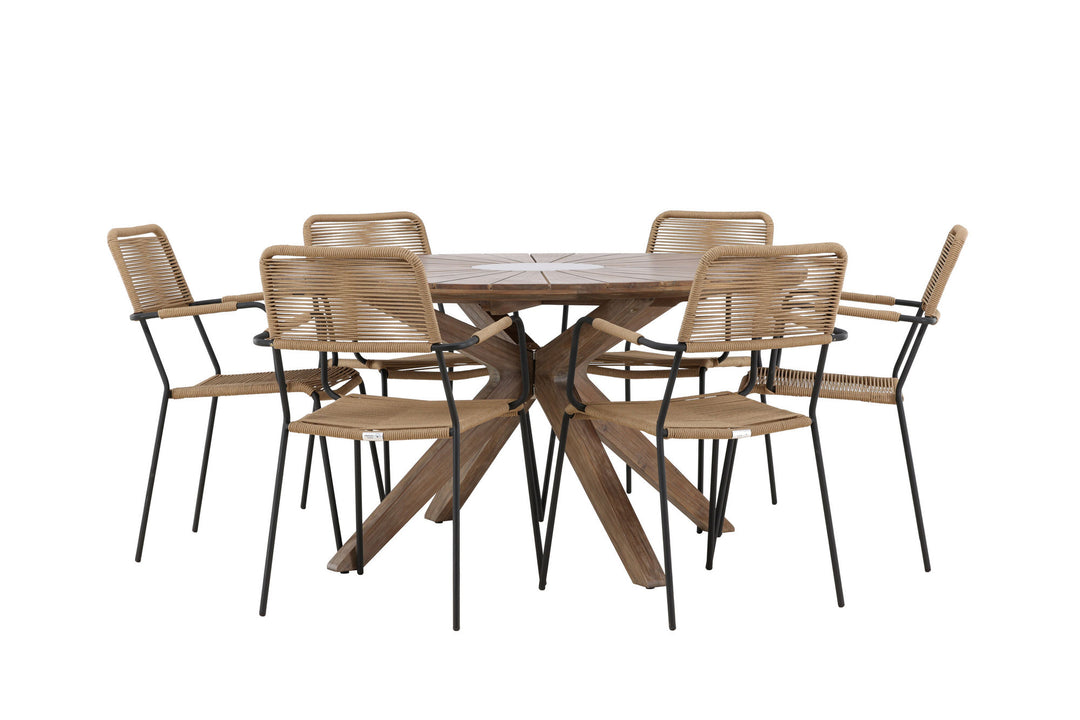 Venture Home Rosario Dining Table- Teak Ø140 +Lindos - Armchair - Black Alu / Latte Rope _6