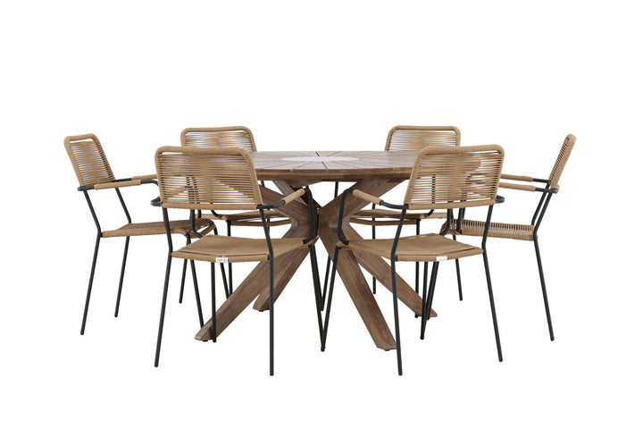 Venture Home Rosario Dining Table- Teak Ø140 +Lindos - Armchair - Black Alu / Latte Rope _6