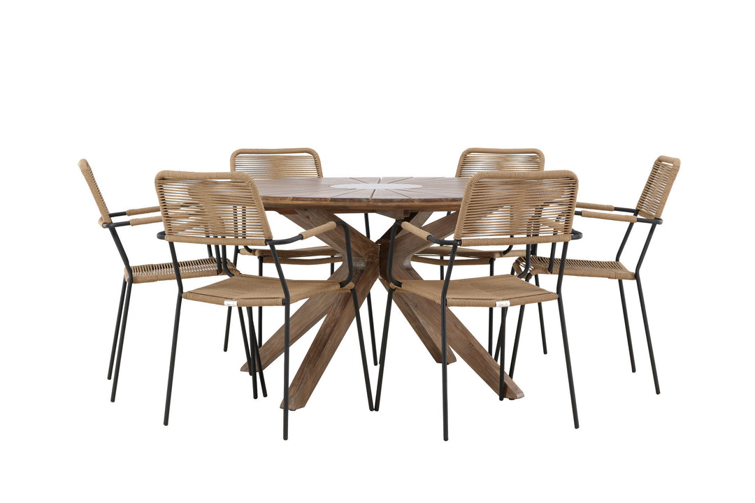 Venture Home Rosario Dining Table- Teak Ø140 +Lindos - Armchair - Black Alu / Latte Rope _6
