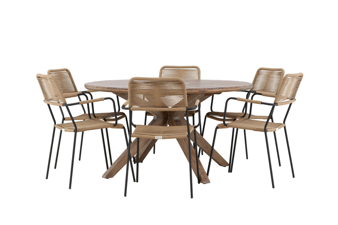 Venture Home Rosario Dining Table- Teak Ø140 +Lindos - Armchair - Black Alu / Latte Rope _6