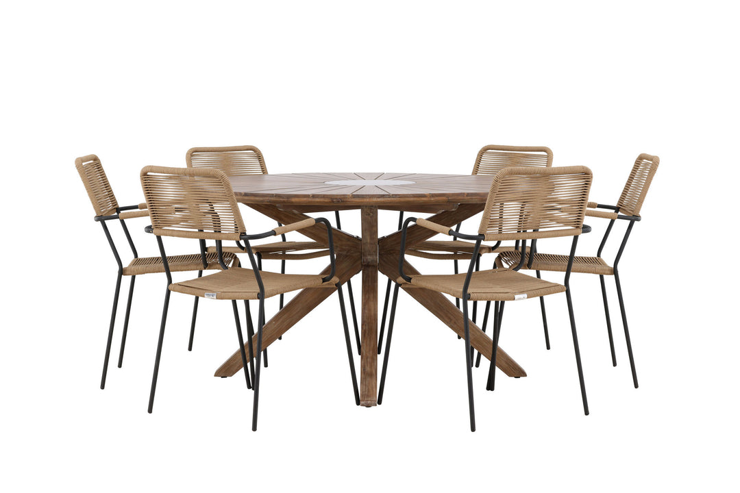 Venture Home Rosario Dining Table- Teak Ø140 +Lindos - Armchair - Black Alu / Latte Rope _6