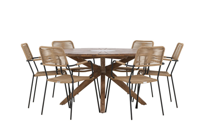 Venture Home Rosario Dining Table- Teak Ø140 +Lindos - Armchair - Black Alu / Latte Rope _6