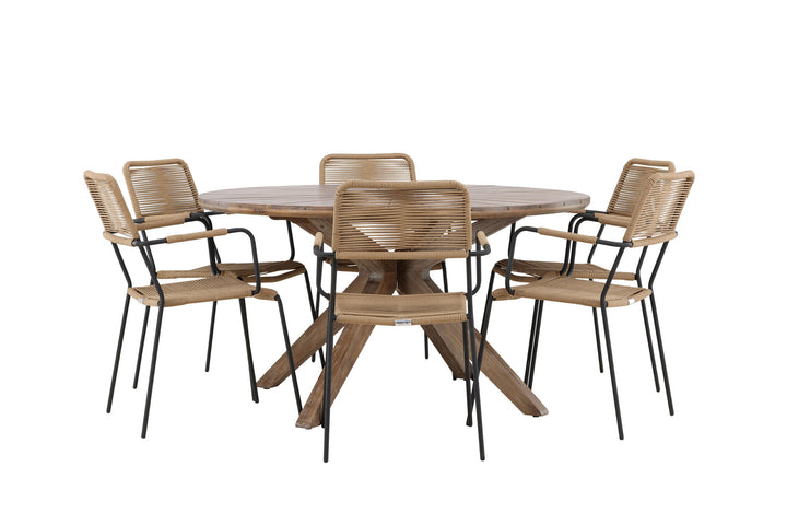 Venture Home Rosario Dining Table- Teak Ø140 +Lindos - Armchair - Black Alu / Latte Rope _6