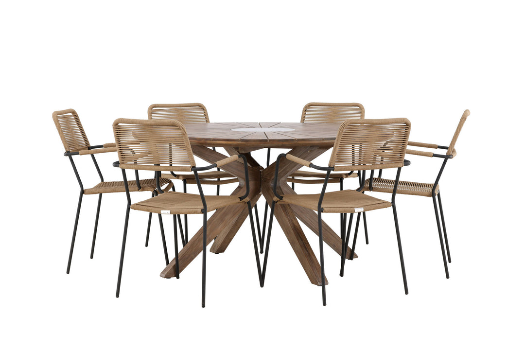 Venture Home Rosario Dining Table- Teak Ø140 +Lindos - Armchair - Black Alu / Latte Rope _6