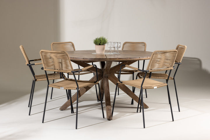 Venture Home Rosario Dining Table- Teak Ø140 +Lindos - Armchair - Black Alu / Latte Rope _6