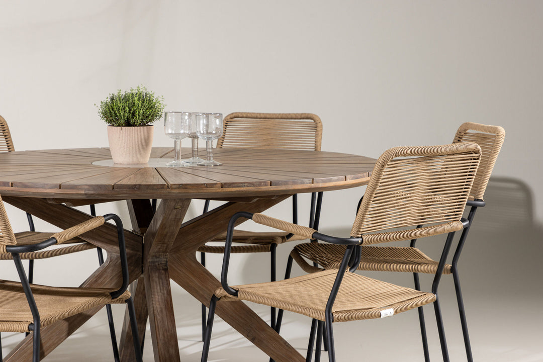 Venture Home Rosario Dining Table- Teak Ø140 +Lindos - Armchair - Black Alu / Latte Rope _6
