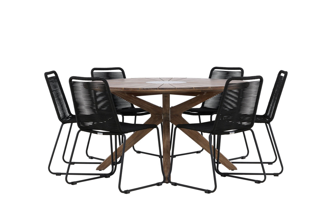 Venture Home Rosario Dining Table- Teak Ø140 +Lindos Stacking Chair - Black Alu / Black Rope _6