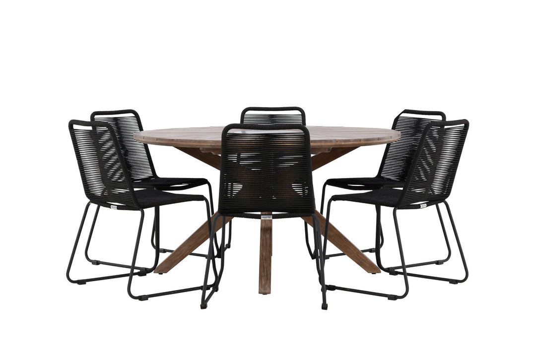Venture Home Rosario Dining Table- Teak Ø140 +Lindos Stacking Chair - Black Alu / Black Rope _6
