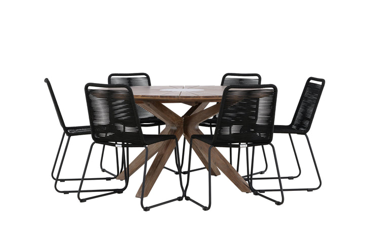 Venture Home Rosario Dining Table- Teak Ø140 +Lindos Stacking Chair - Black Alu / Black Rope _6