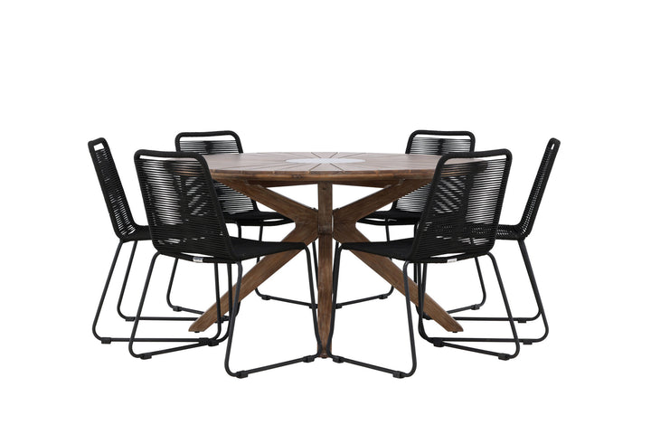 Venture Home Rosario Dining Table- Teak Ø140 +Lindos Stacking Chair - Black Alu / Black Rope _6