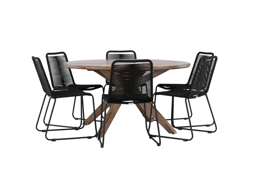 Venture Home Rosario Dining Table- Teak Ø140 +Lindos Stacking Chair - Black Alu / Black Rope _6
