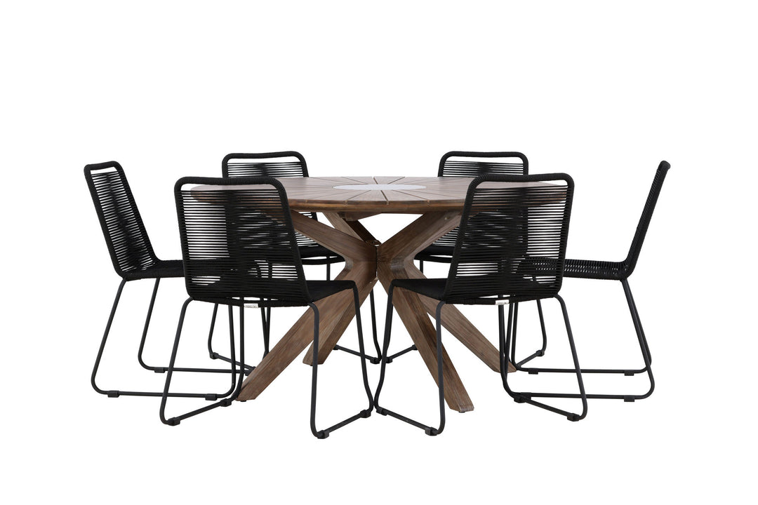 Venture Home Rosario Dining Table- Teak Ø140 +Lindos Stacking Chair - Black Alu / Black Rope _6