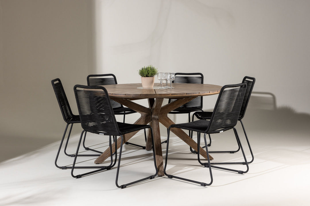 Venture Home Rosario Dining Table- Teak Ø140 +Lindos Stacking Chair - Black Alu / Black Rope _6