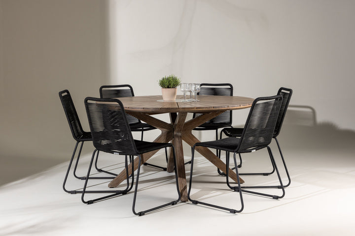 Venture Home Rosario Dining Table- Teak Ø140 +Lindos Stacking Chair - Black Alu / Black Rope _6
