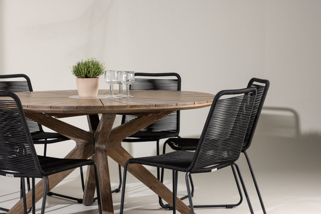 Venture Home Rosario Dining Table- Teak Ø140 +Lindos Stacking Chair - Black Alu / Black Rope _6