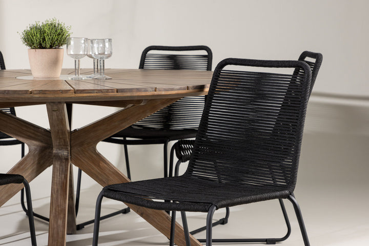Venture Home Rosario Dining Table- Teak Ø140 +Lindos Stacking Chair - Black Alu / Black Rope _6