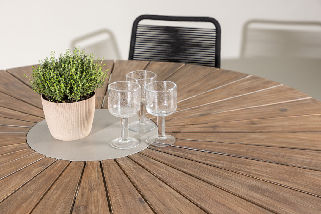 Venture Home Rosario Dining Table- Teak Ø140 +Lindos Stacking Chair - Black Alu / Black Rope _6