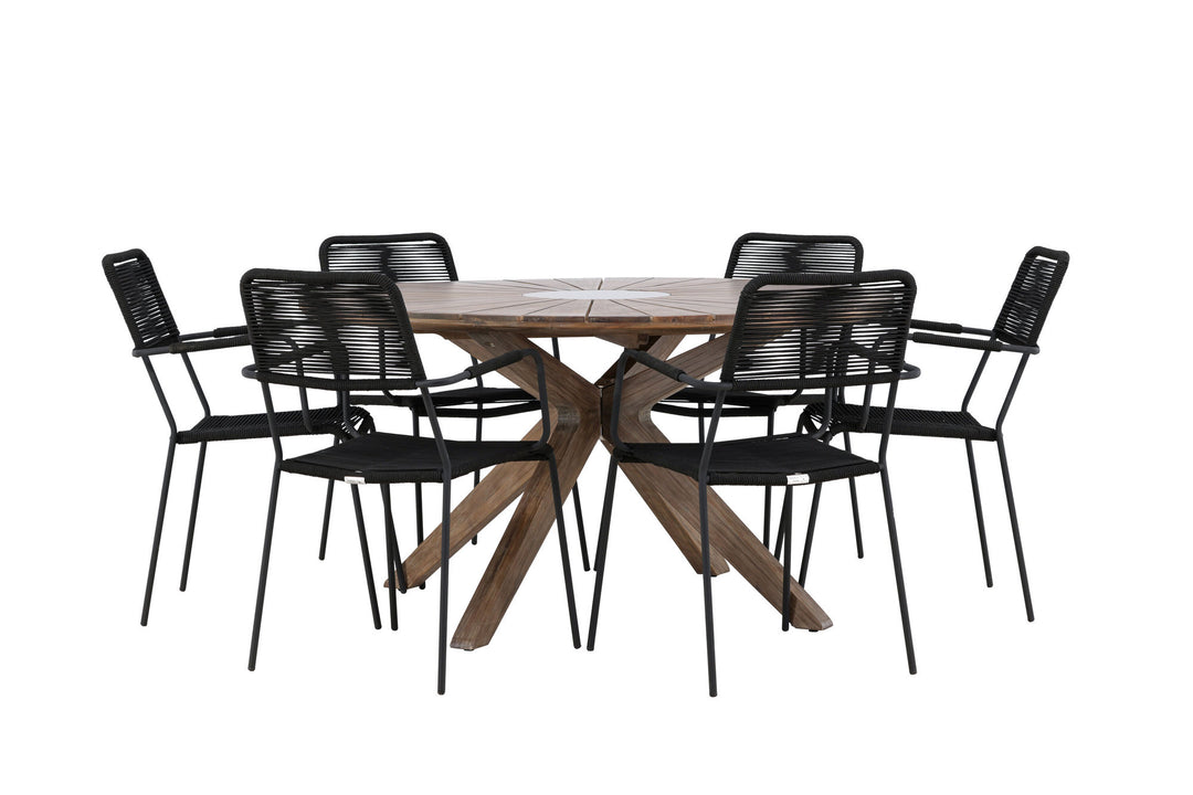 Venture Home Rosario Dining Table- Teak Ø140 +Lindos Armchair - Black Alu / Black Rope _6