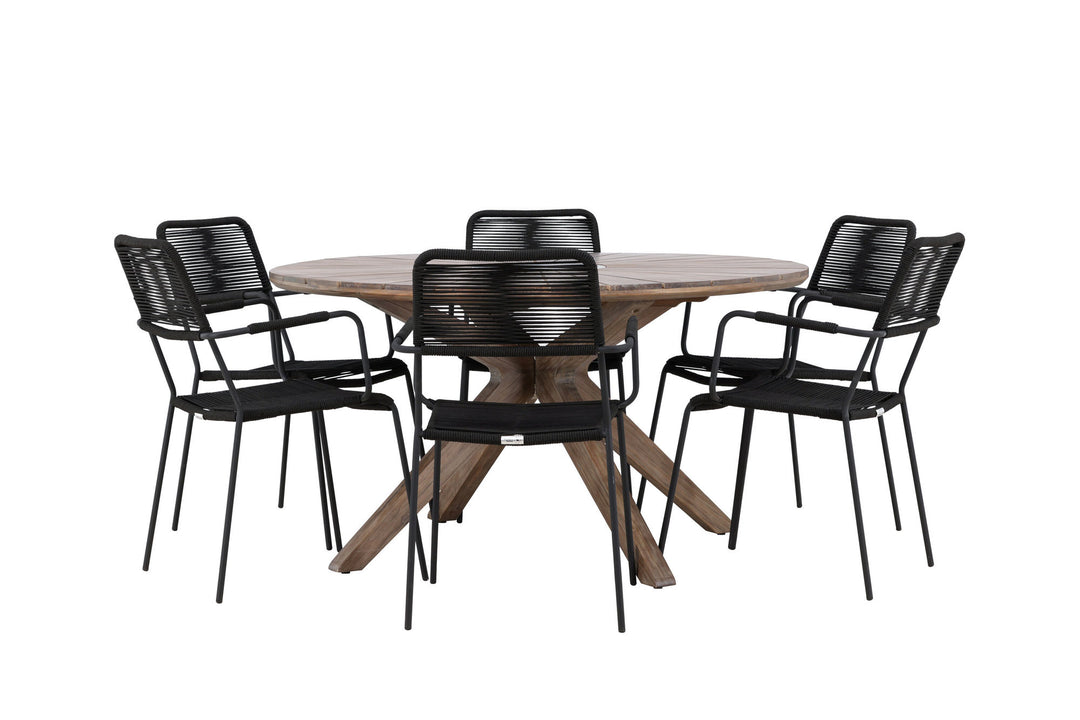 Venture Home Rosario Dining Table- Teak Ø140 +Lindos Armchair - Black Alu / Black Rope _6