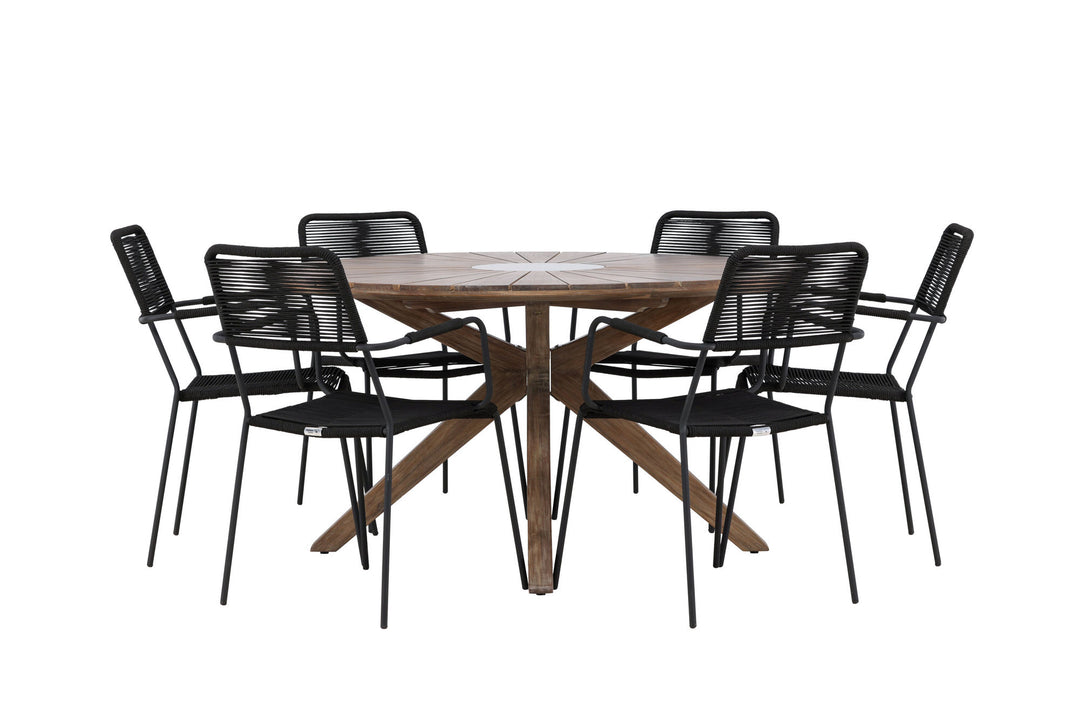 Venture Home Rosario Dining Table- Teak Ø140 +Lindos Armchair - Black Alu / Black Rope _6