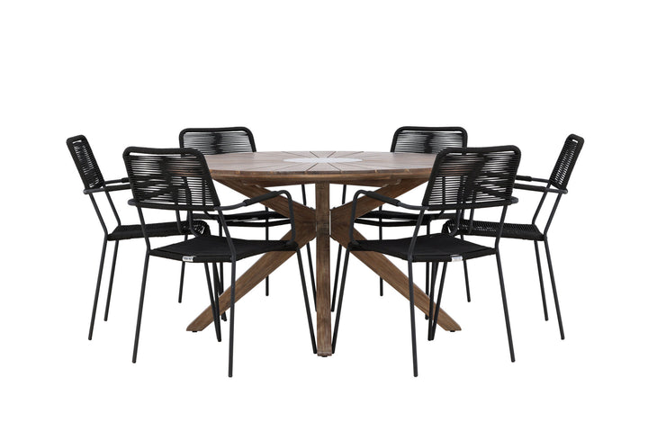Venture Home Rosario Dining Table- Teak Ø140 +Lindos Armchair - Black Alu / Black Rope _6