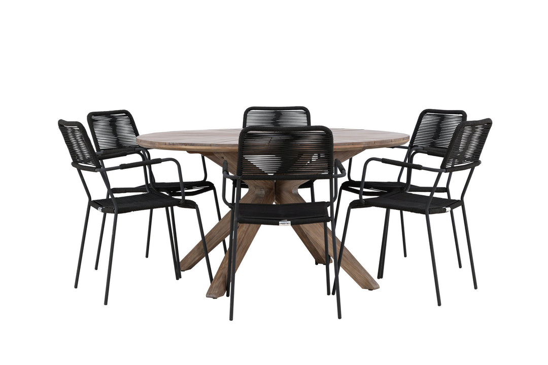 Venture Home Rosario Dining Table- Teak Ø140 +Lindos Armchair - Black Alu / Black Rope _6
