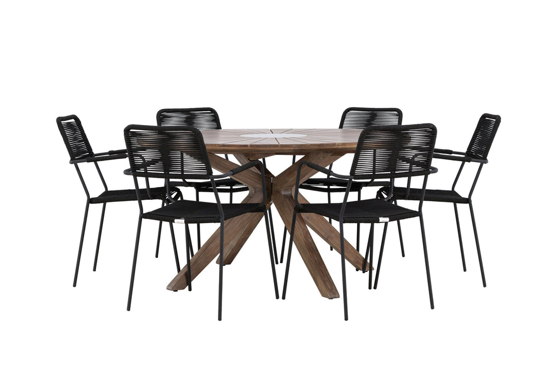 Venture Home Rosario Dining Table- Teak Ø140 +Lindos Armchair - Black Alu / Black Rope _6