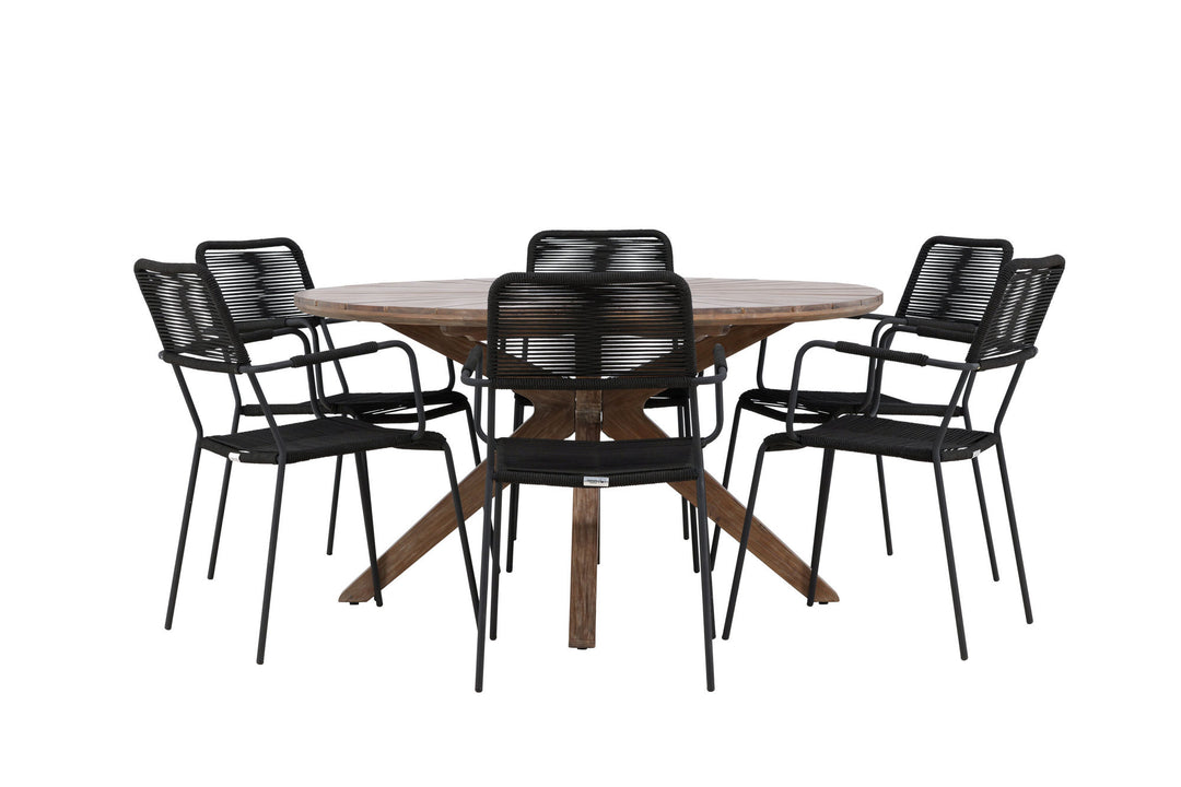 Venture Home Rosario Dining Table- Teak Ø140 +Lindos Armchair - Black Alu / Black Rope _6