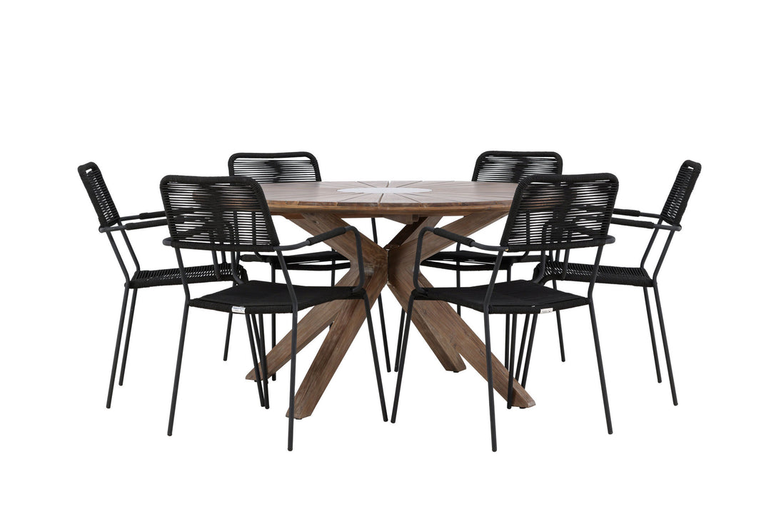 Venture Home Rosario Dining Table- Teak Ø140 +Lindos Armchair - Black Alu / Black Rope _6