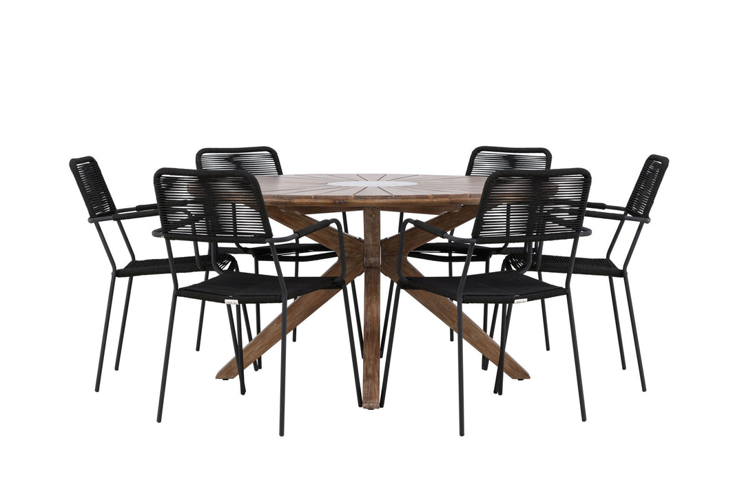 Venture Home Rosario Dining Table- Teak Ø140 +Lindos Armchair - Black Alu / Black Rope _6