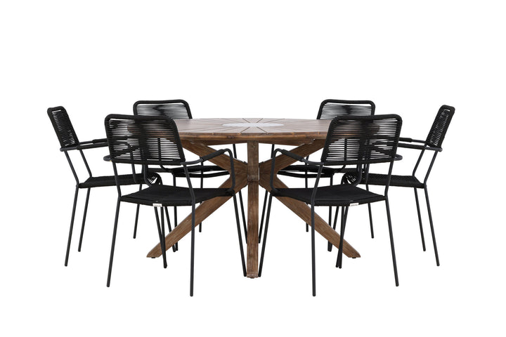 Venture Home Rosario Dining Table- Teak Ø140 +Lindos Armchair - Black Alu / Black Rope _6