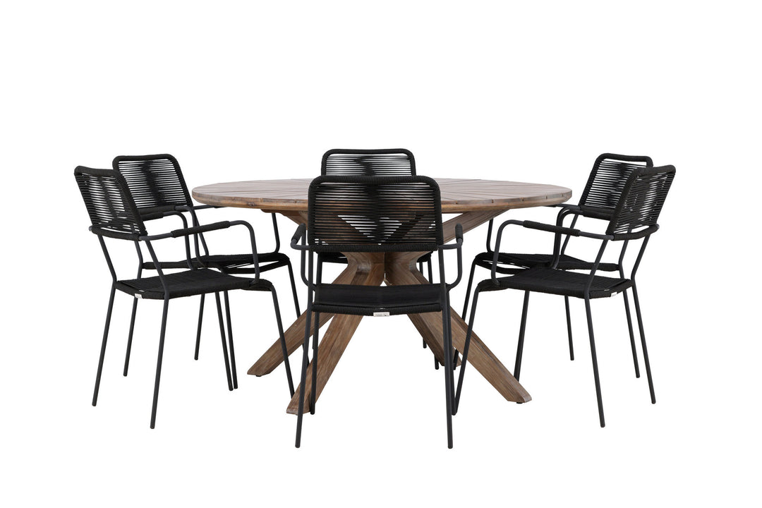 Venture Home Rosario Dining Table- Teak Ø140 +Lindos Armchair - Black Alu / Black Rope _6