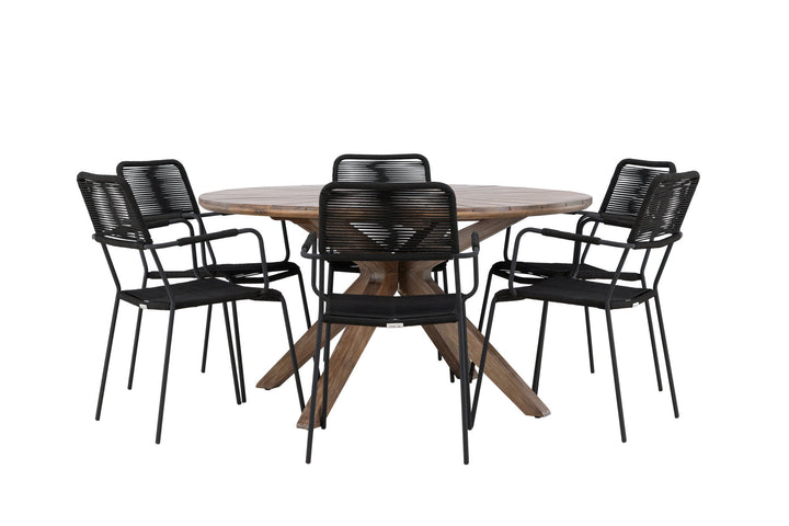 Venture Home Rosario Dining Table- Teak Ø140 +Lindos Armchair - Black Alu / Black Rope _6