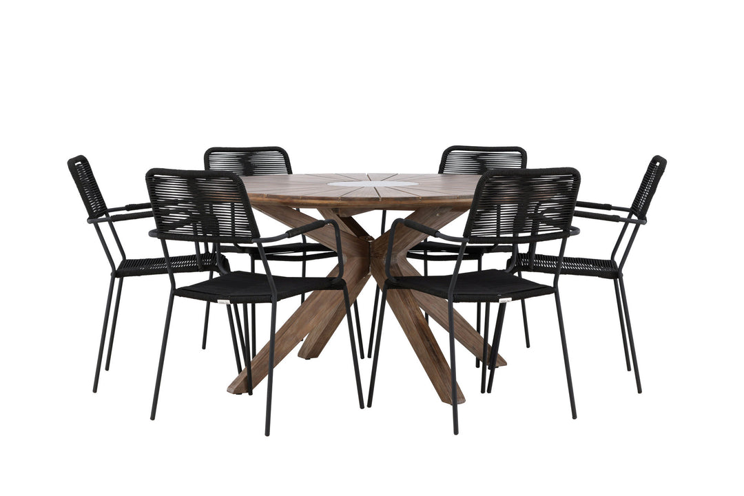 Venture Home Rosario Dining Table- Teak Ø140 +Lindos Armchair - Black Alu / Black Rope _6