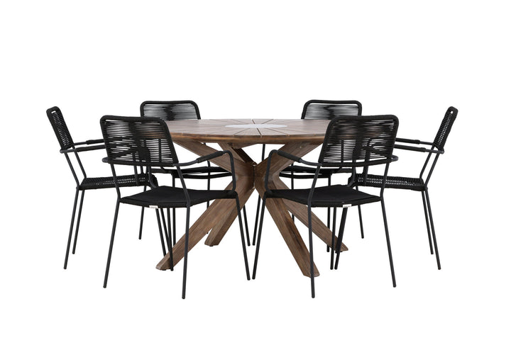 Venture Home Rosario Dining Table- Teak Ø140 +Lindos Armchair - Black Alu / Black Rope _6