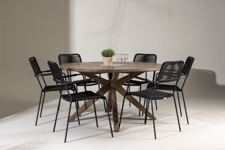 Venture Home Rosario Dining Table- Teak Ø140 +Lindos Armchair - Black Alu / Black Rope _6