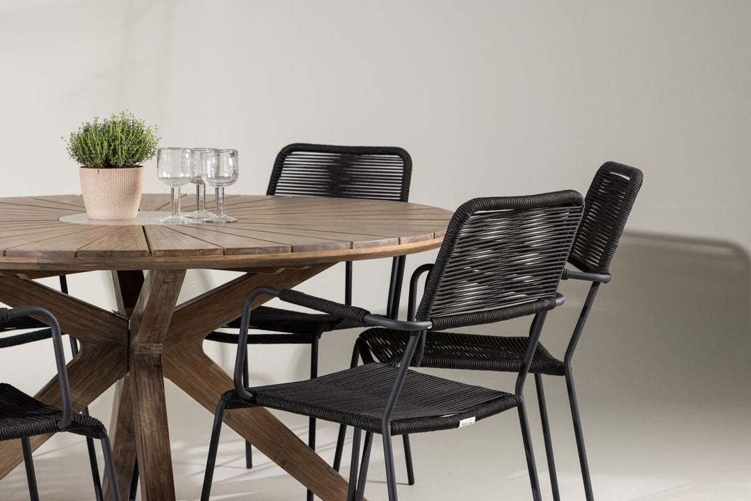Venture Home Rosario Dining Table- Teak Ø140 +Lindos Armchair - Black Alu / Black Rope _6