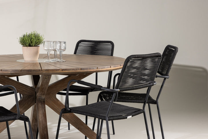 Venture Home Rosario Dining Table- Teak Ø140 +Lindos Armchair - Black Alu / Black Rope _6