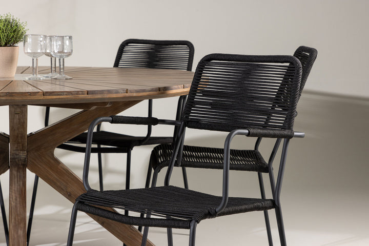 Venture Home Rosario Dining Table- Teak Ø140 +Lindos Armchair - Black Alu / Black Rope _6