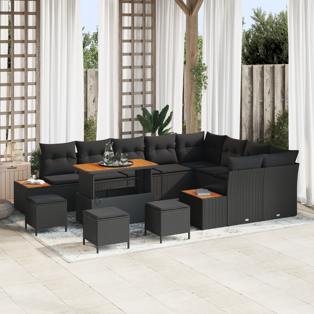 Havesofa Sæt med pude med opbevaring 13 pcs Sort Poly rattan
