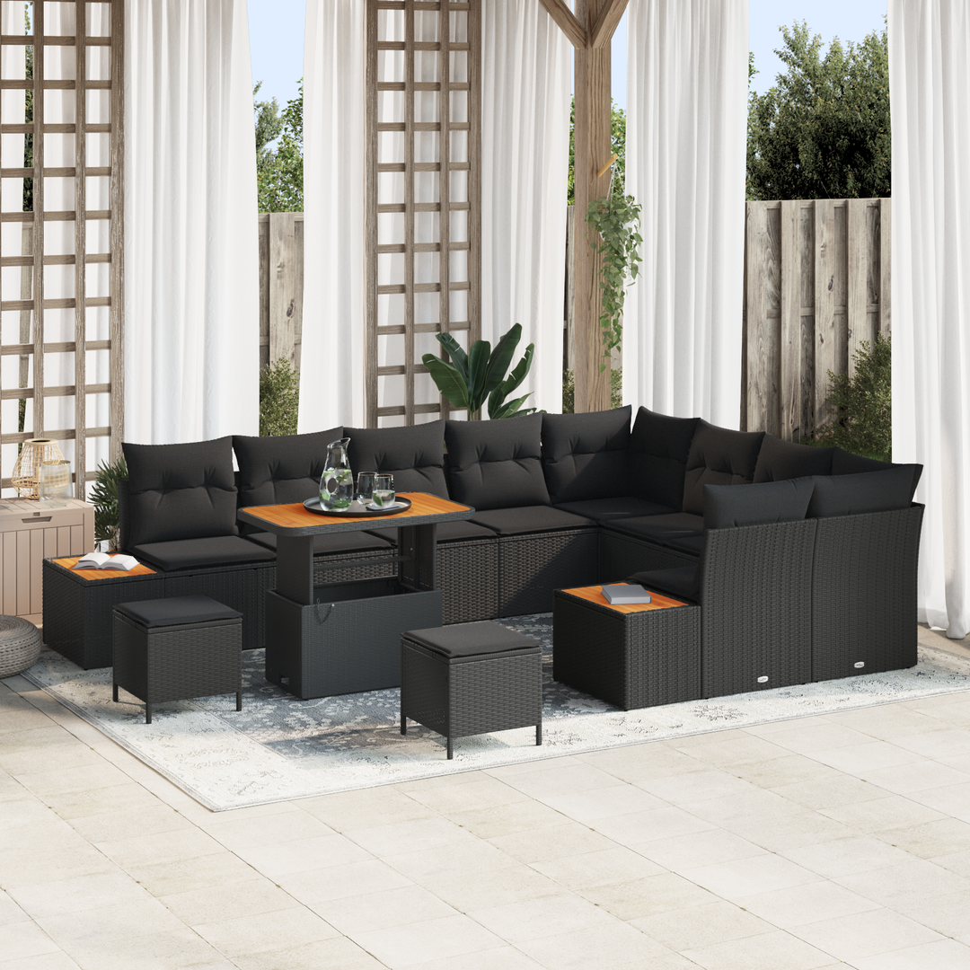 Havesofa Sæt med pude med opbevaring 12 pcs Sort Poly rattan