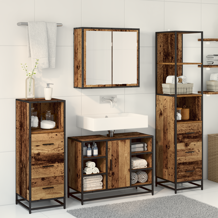Badeværelsesmøbel sæt med dør 3 pcs Gammelt træ Konstrueret træ