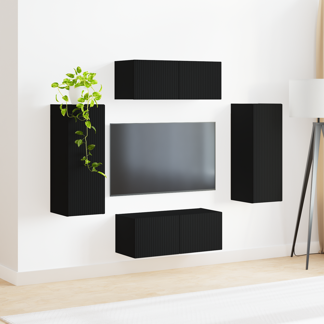 Tv vægskab sæt Vægmonteret 4 pcs Sort Konstrueret træ