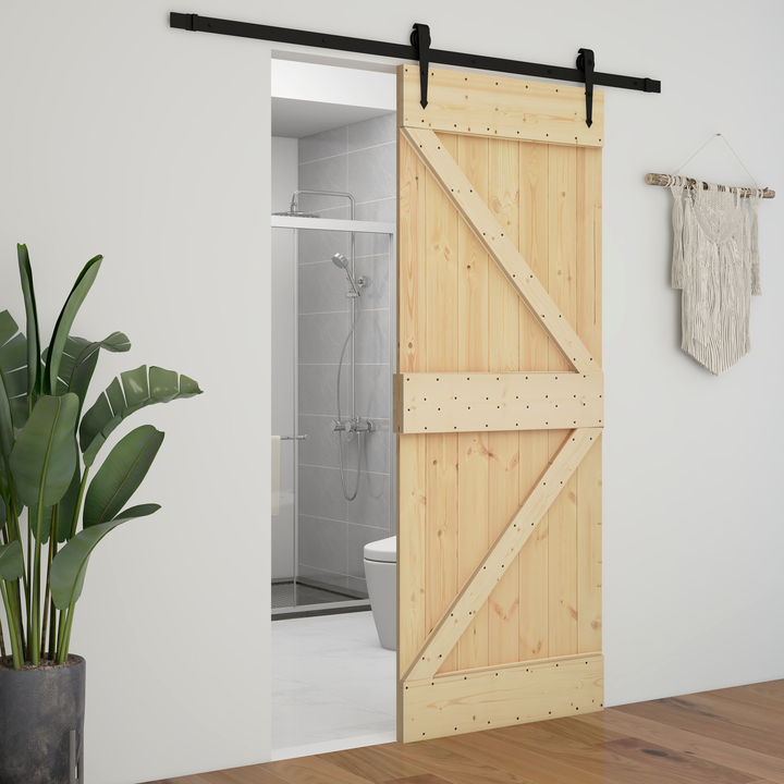 Skydedør Naturfarvet og sort 90 x 210 cm Massivt fyrretræ