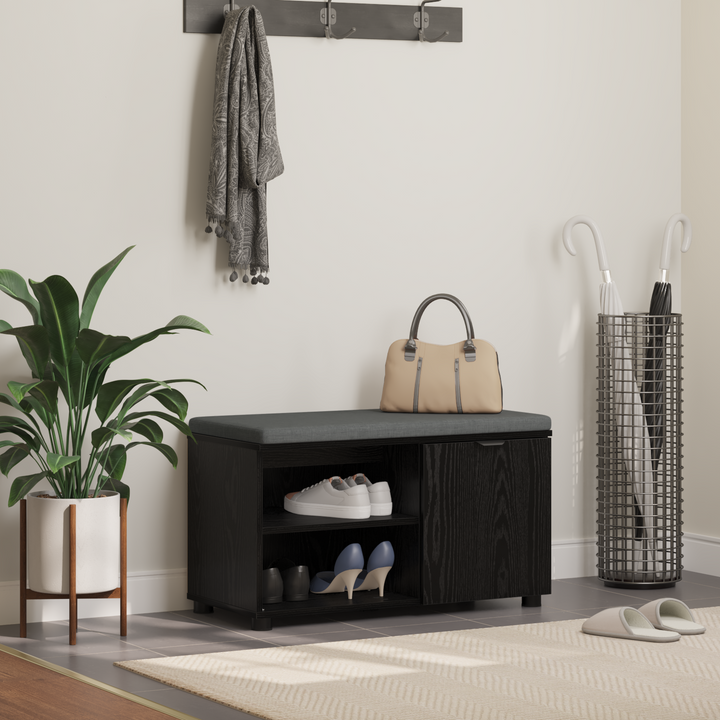 Hallbænk med pude Sort Eg 80 x 38 x 46 cm Kunstigt træ og stof