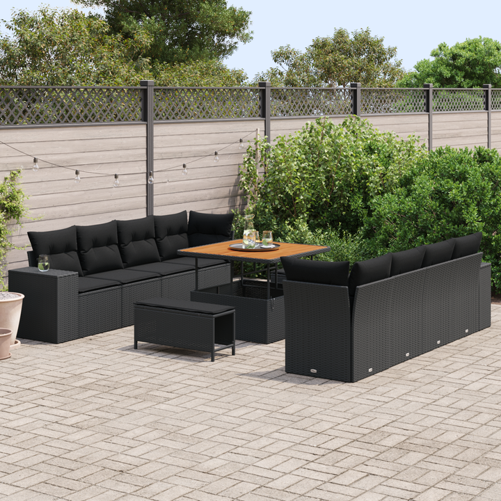 Havesofa Sæt med pude med opbevaring 11 pcs Sort polyrattan